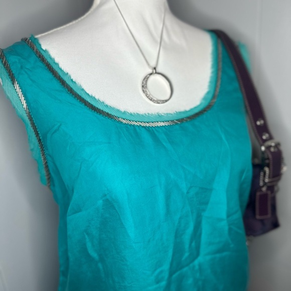 LOFT 100% Silk Teal Tank Top – Raw Edge Beaded Chain Boho Festival Top - Picture 2 of 8